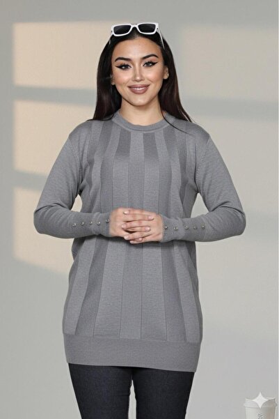 İmran Triko Button Detailed Round Neck Women's Knitwear Tunic Stretch Fabric Comfortable Fit