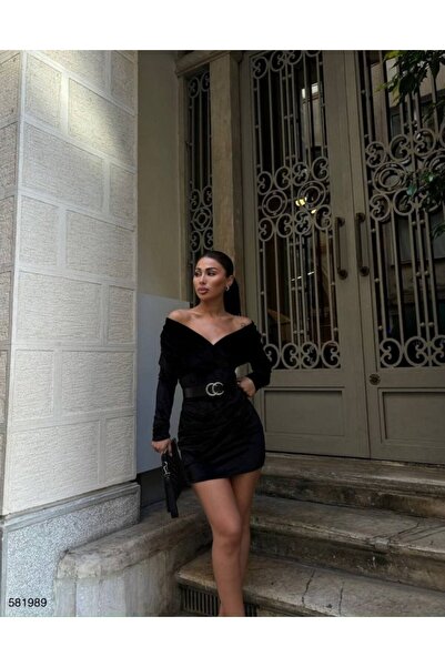 HAZEGO Women's Long Sleeve Double-Breasted Neckline Off-The-Shoulder Belt Included Mini Velvet Dress