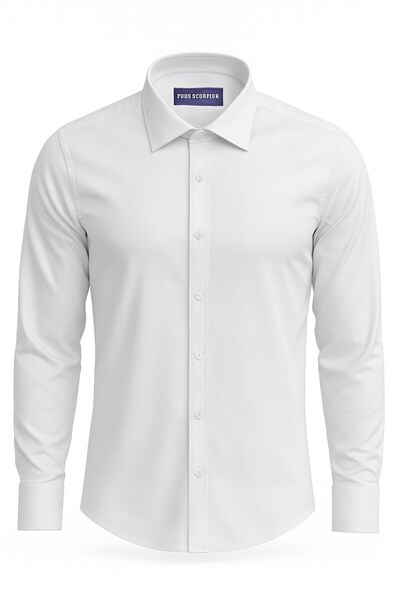 Plus Scorpion Ανδρικό λευκό κλασικό πουκάμισο – εφαρμοστό , Απλό σχέδιο, κομψό γραφείο και καθημερινό συνδυασμό