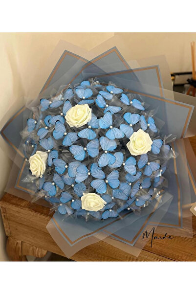Maide Jewelry Led Işıklı Mavi Solmayan Güllü Kelebek Buketi Büyük Boy Sevgililer Günü A Kalite Sevgiliye Hediye