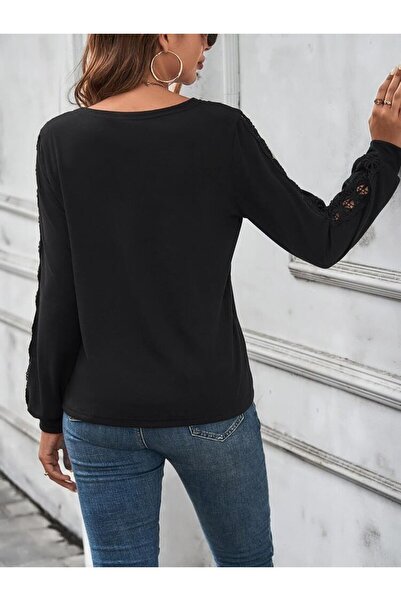 Meleners Women's Long Sleeve V-Neck Lace Detailed Viscose Blouse