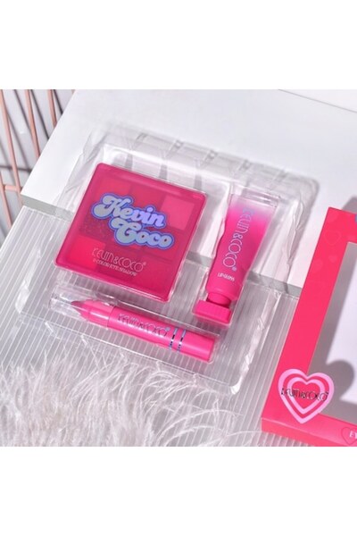 OEM Set of 3 Makeup Products, KEVIN & COCO, Pink Hearted, 9 Colors, 15.5 x 13 x 3.4 cm
