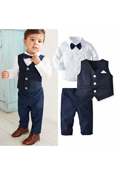Superbaby Costum elegant bleumarin cu vestă și papion