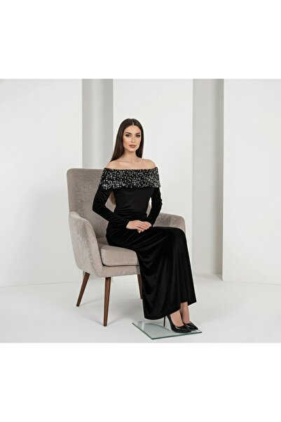 Lovely butik Velvet Off-Shoulder Sequin Embroidered Long Evening Dress New Year's Party Dress