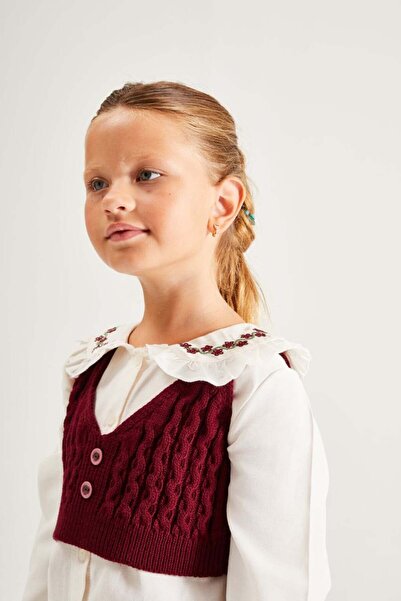 Pinkitokids Collar Embroidered Shirt and Knitwear 3-Piece Girl's Set-Burgundy