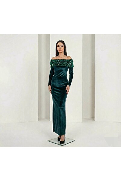 Lovely butik KADİFE DÜŞÜK OMUZ PUL İŞLEMELİ UZUN ABİYE ELBİSE YILBAŞI DAVET ELBİSESİ