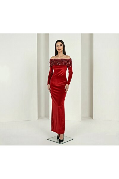 Lovely butik Velvet Off-Shoulder Sequin Embroidered Long Evening Dress New Year's Party Dress