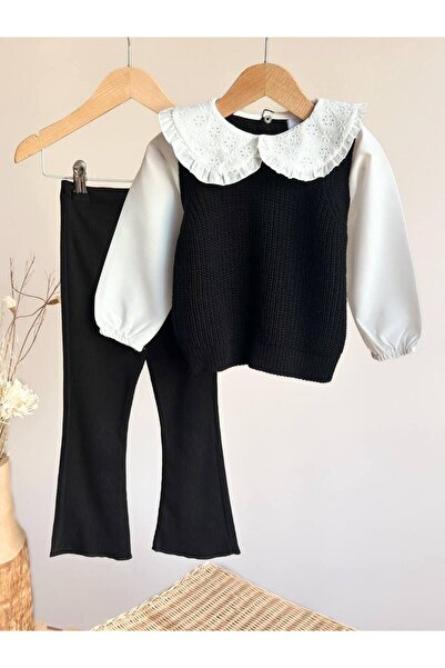 Pinkitokids Embroidered Collar and Shirt Detailed Knitwear and Flared Leggings Set