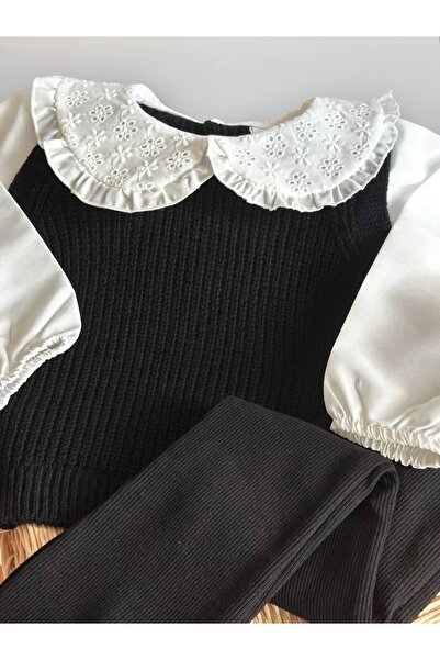 Pinkitokids Embroidered Collar and Shirt Detailed Knitwear and Flared Leggings Set