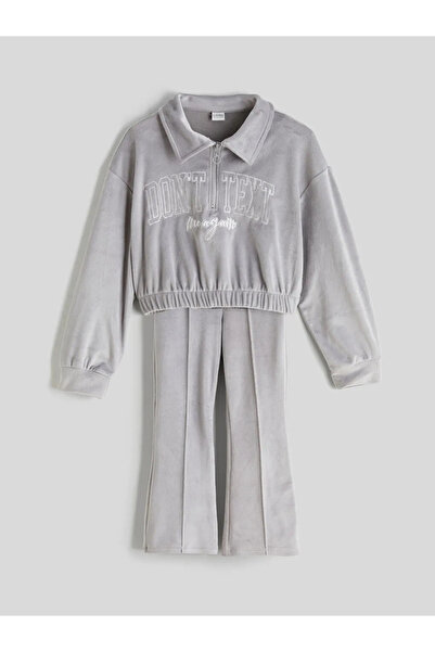 LC Waikiki Kids Gray Velvet Fabric Polo Neck Girls Sweatshirt and Leggings 2-Piece Set