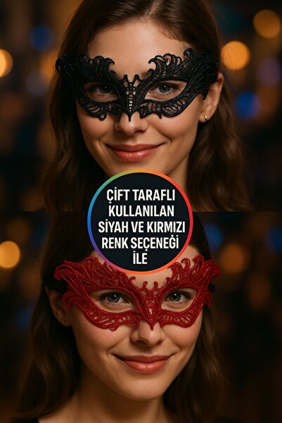 TOYFEST Çift Taraflı Siyah Kırmızı Dantelli Maske Özel Tasarım Parti Aksesuar...