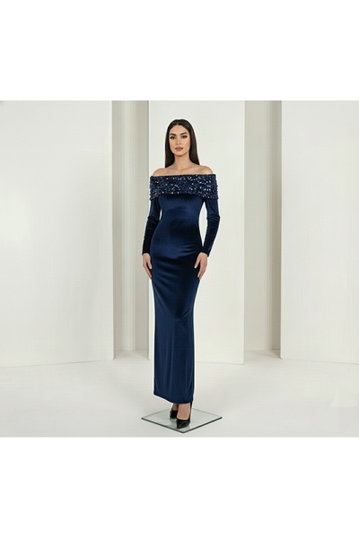 Lovely butik KADİFE DÜŞÜK OMUZ PUL İŞLEMELİ UZUN ABİYE ELBİSE YILBAŞI DAVET E...