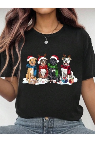 OVER HEAD New Year's Dogs Merry Christmas Oversized , Crew Neck, Short Sleeve T-Shirt