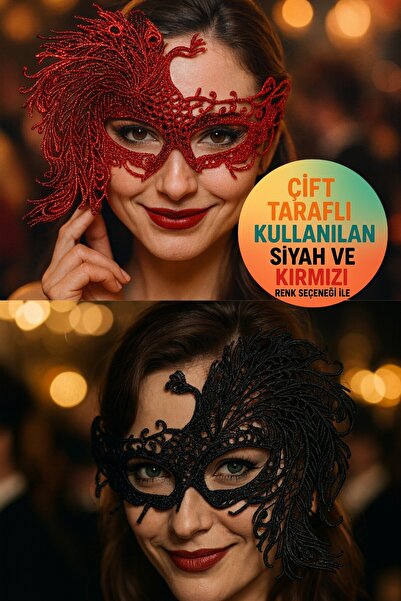 TOYFEST Çift Taraflı Kullanılan Siyah Ve Kırmızı Simli Maske Şık Parti Kostüm...