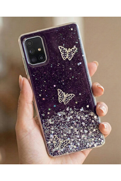 Rivor Samsung Galaxy A51 Uyumlu Kılıf Kamera Çıkıntılı Simli Kelebek Kabartma...