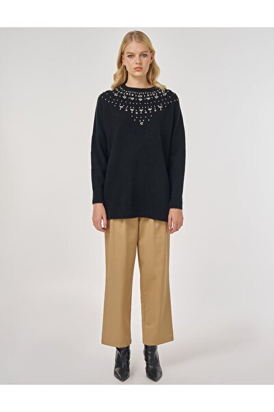 Kayra Stone Embroidered Knitwear Tunic Black