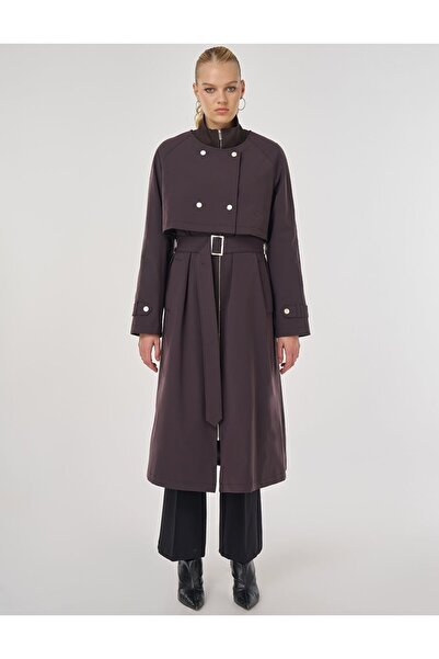 Kayra Mock Neck Belted Trench Coat Dark Brown