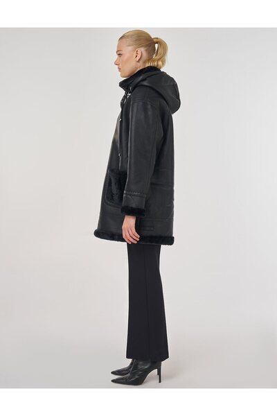Kayra Faux Leather Coat with Belt Loop Black
