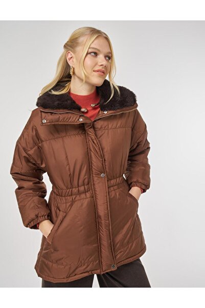 Kayra Quilted Coat with Fur Collar Brown