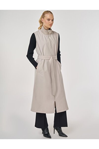 Kayra Mock Neck Belted Trench Coat Stone