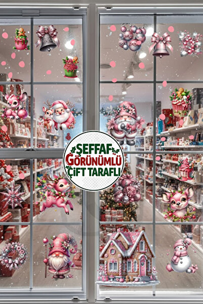 Kt Grup Şeffaf Çift Taraflı Pembe Noel Baba, Geyik ve Gnome Sticker Seti - Yı...