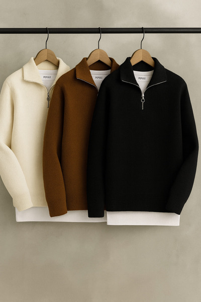 pepule 3’lü Avantajlı Set Erkek Salaş Yarım Fermuarlı Kışlık Selanik Kazak