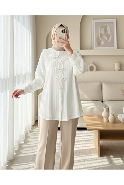 Modamorfo Buttoned Apron Collar Shirt with Ribbon Detail on the Front - White