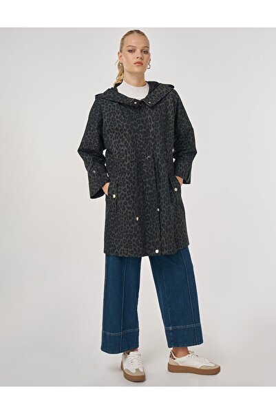 Kayra Leopard Print Short Trench Coat Forest Green