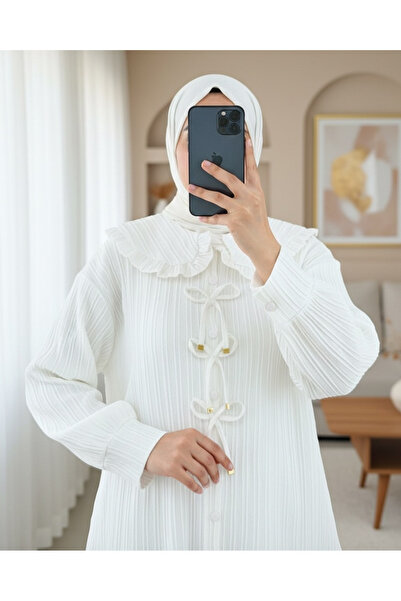 Modamorfo Buttoned Apron Collar Shirt with Ribbon Detail on the Front - White