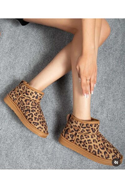 Ymn ayakkabı Kadın Leopar Desenli Bot Alçak Taban Peluş Bot