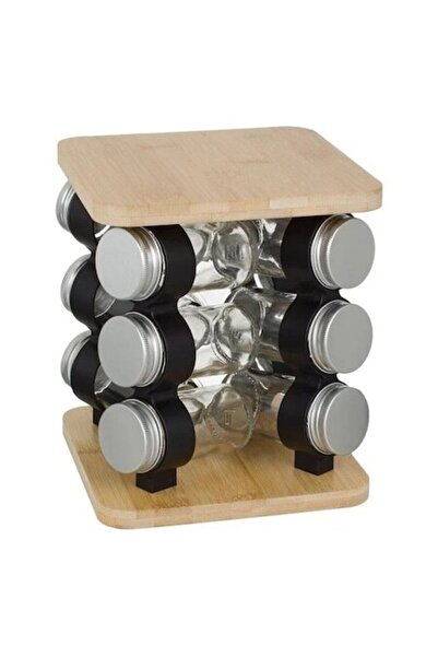 AVA Wooden Rotating Spice Rack with 12 Glass Containers, 17.5x17.5x21.5cm
