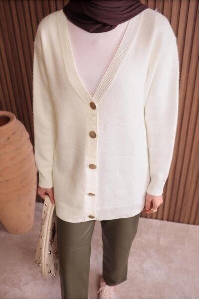 TRENDTESETTÜR Women's Ecru Beard Yarn Cardigan t 2907