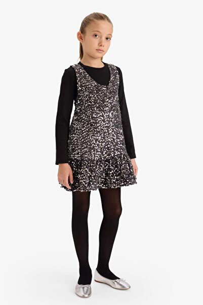 DeFacto Girls' 2-Piece Set Long Sleeve T-Shirt Sequined Sleeveless Dress G5388A825Wn