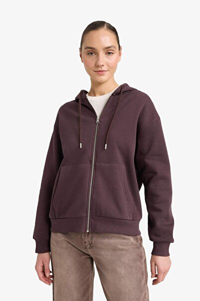 DeFacto Relax Fit Hooded Basic Plain Thick Zippered Sweatshirt C1809Ax25Au