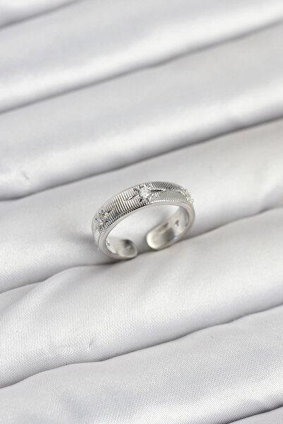 HarmonyAura Brass Silver Color Zircon Stone Polar Star Model Women's Ring