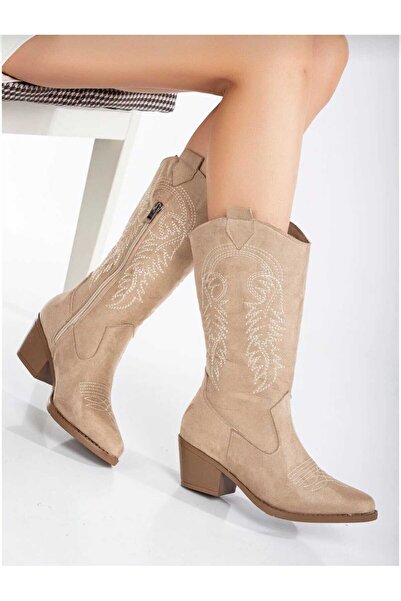 Ymn ayakkabı Kadın Taba Süet Kovboy Çizme