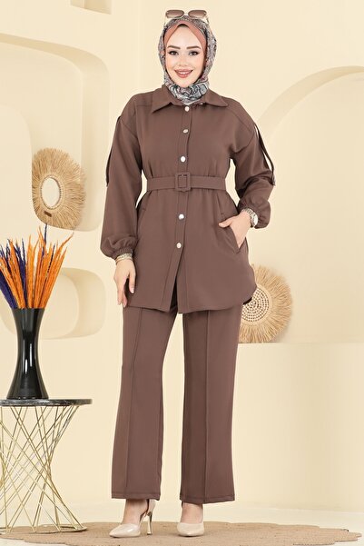 ModaMerve Gömlek Yaka Dabıl Takım 2757SL432-MS Koyu Vizyon