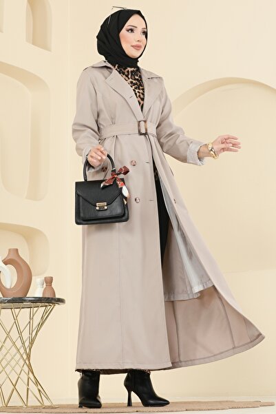 ModaMerve Önden Düğmeli Bondit Trençkot 4901ORG1169-MS Taş