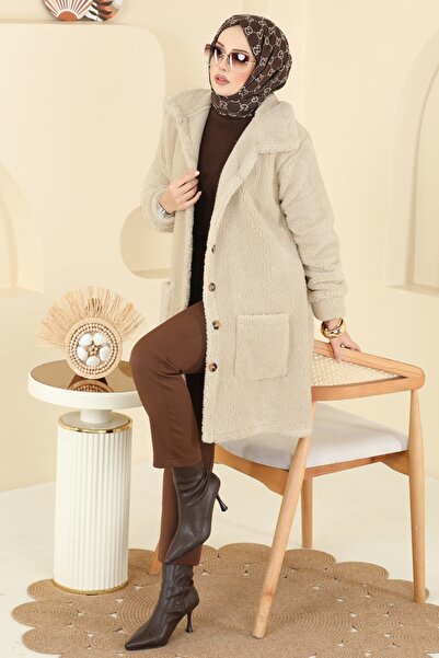 ModaMerve Önden Düğmeli Peluş Kap 6053TEG847-MS Taş