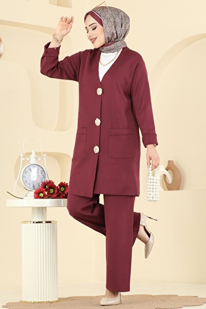 ModaMerve Düğme Detaylı Merserize Takım 12611KL398-MS Bordo