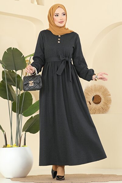 ModaMerve Aksesuar Düğmeli Balıksırtı Elbise 4133PM271-MS Siyah