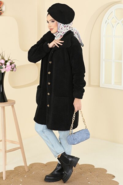 ModaMerve Önden Düğmeli Peluş Kap 6053TEG847-MS Siyah