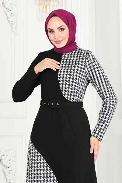 ModaMerve Kazayağı Desenli Tivit Elbise 3023KTR750-MS Ekru