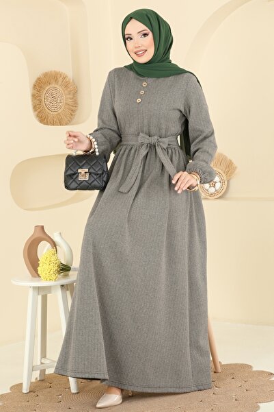 ModaMerve Aksesuar Düğmeli Balıksırtı Elbise 4133PM271-MS Vizyon