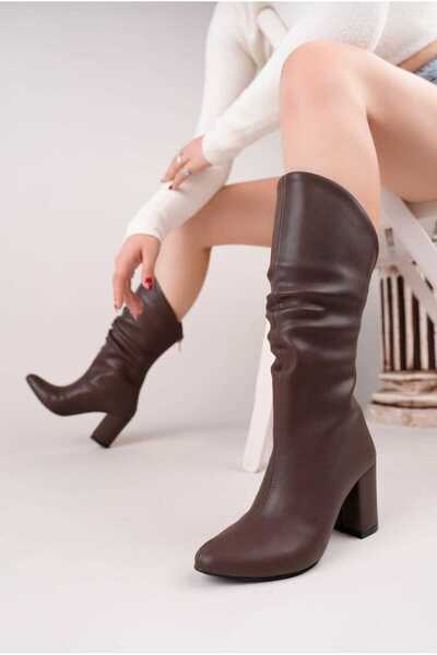 Ymn ayakkabı Kadın Kahve Çizme Topuklu Arkadan Fermuarlı
