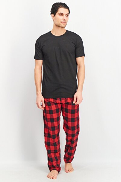 Vince Camuto بيجامة رجالية من قطعتين بأكمام قصيرة وبنطلون منقوش، لون أسود/أحمر