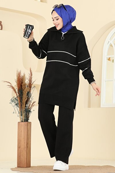 ModaMerve Çizgi Detaylı Triko Takım 01050BRZ597-MS Siyah