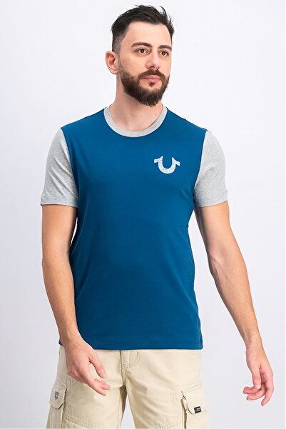 True Religion Men Crew Neck Short Sleeve Graphic Print T-shirt, Blue and Grey