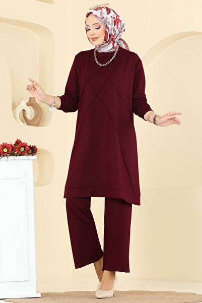 ModaMerve Bisiklet Yaka Kristal Takım 2762AYD574-MS Bordo