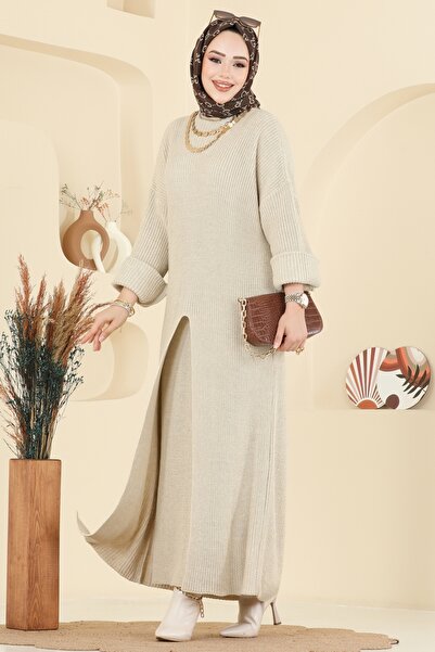 ModaMerve Önden Yırtmaçlı Etekli Takım 7081HBS856-MS Taş